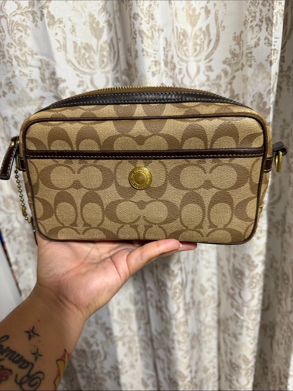 Coach Khaki/Chestnut Signature Canvas Messenger Bag with Red Logo